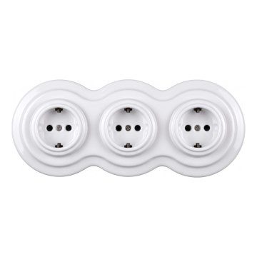 Elhard - Triple ceramic retro household socket with SCHUKO frame, 230V, white