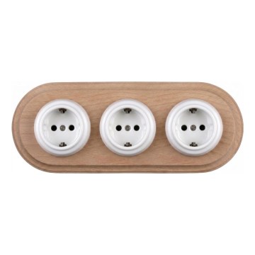 Elhard - Triple ceramic retro household socket with SCHUKO frame, 230V, White/Light Wood