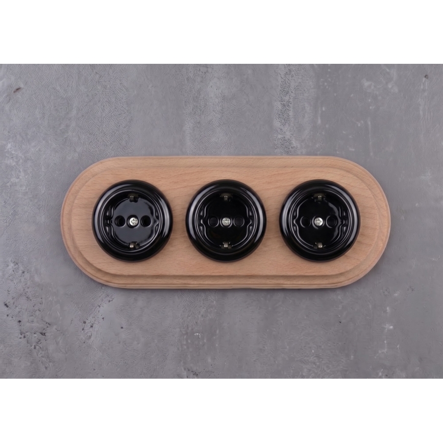 Elhard - Triple ceramic retro household socket with SCHUKO frame 230V black/light wood