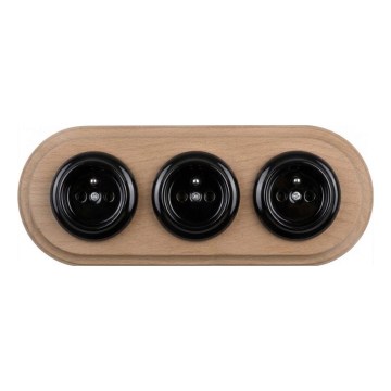 Elhard - Triple ceramic retro-style household wall socket with frame 230V black/light wood