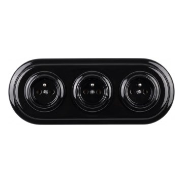 Elhard - Triple ceramic retro wall socket with frame, 230V, black