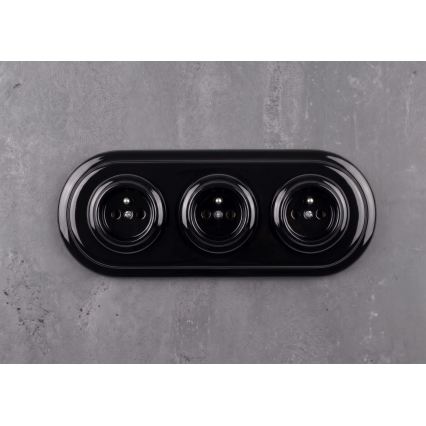 Elhard - Triple ceramic retro wall socket with frame, 230V, black