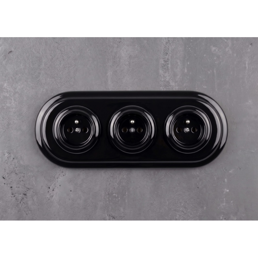 Elhard - Triple ceramic retro wall socket with frame, 230V, black