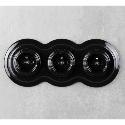 Elhard - Triple ceramic retro wall socket with frame, 230V, black