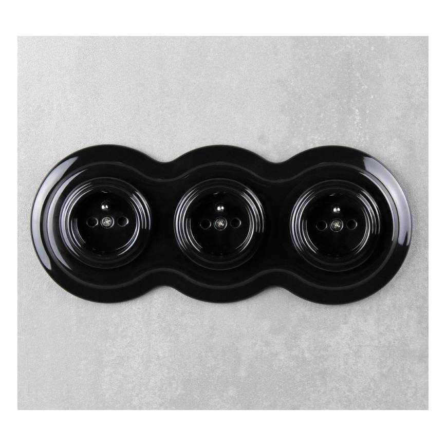 Elhard - Triple ceramic retro wall socket with frame, 230V, black