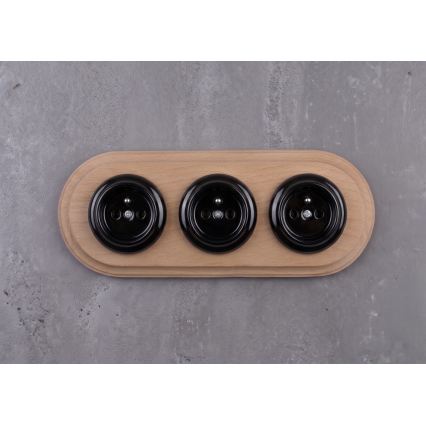 Elhard - Triple ceramic retro-style household wall socket with frame 230V black/light wood