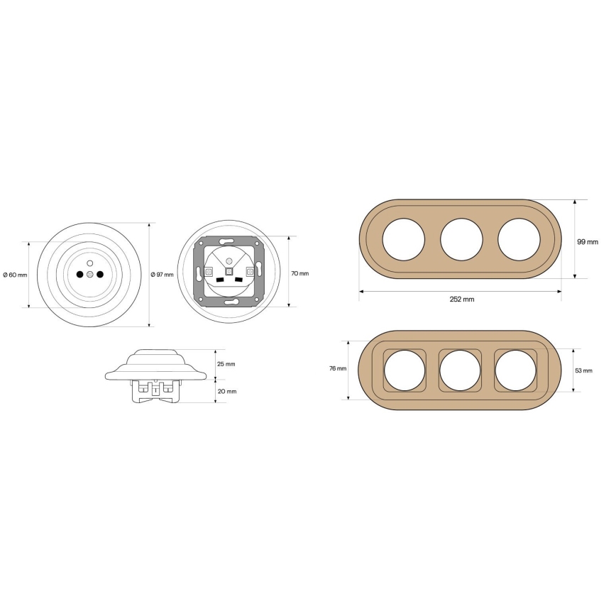 Elhard - Triple ceramic retro-style household wall socket with frame 230V black/light wood