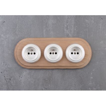 Elhard - Three-gang ceramic retro wall socket with frame 230V white/light wood