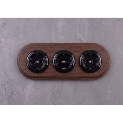 Elhard - Triple ceramic retro household socket with frame SCHUKO 230V black/dark wood