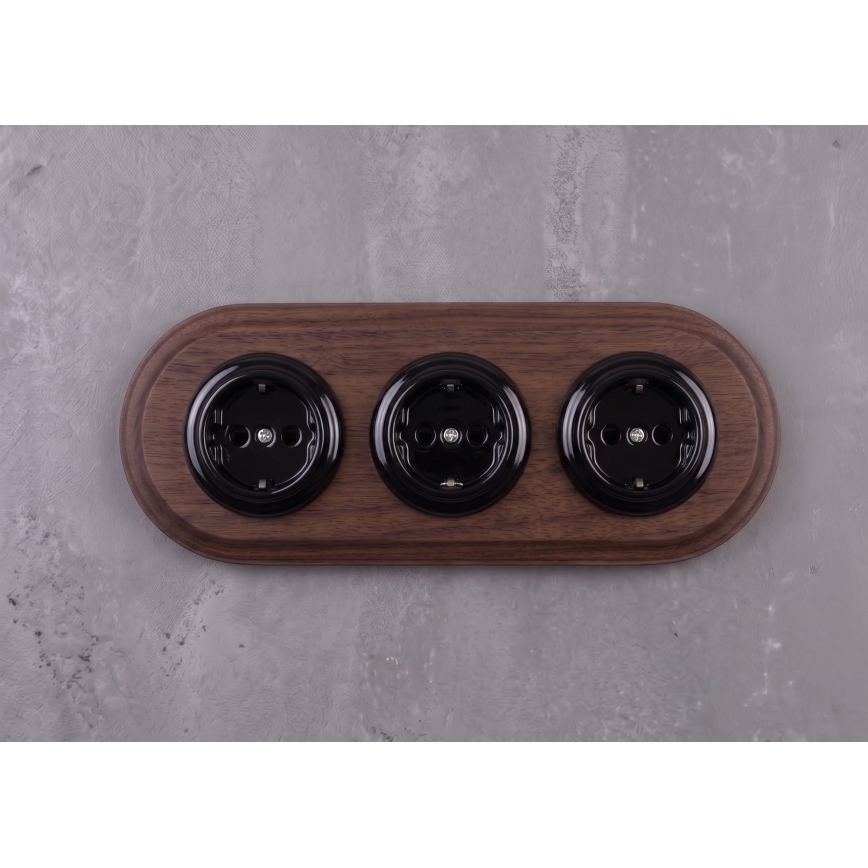 Elhard - Triple ceramic retro household socket with frame SCHUKO 230V black/dark wood