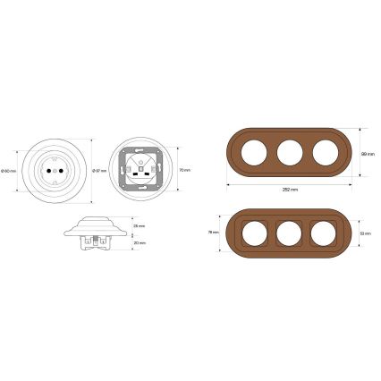 Elhard - Triple ceramic retro household socket with frame SCHUKO 230V black/dark wood
