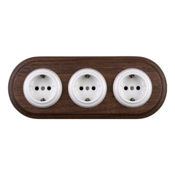 Elhard - Triple ceramic retro wall socket with SCHUKO frame 230V white/dark wood