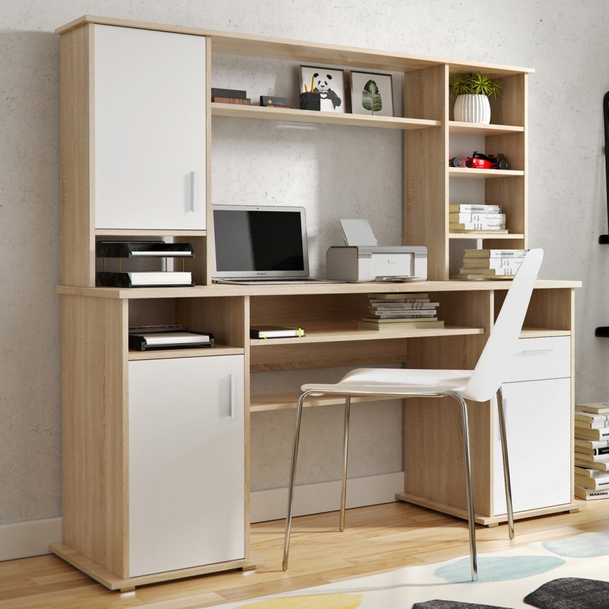 ELIAN Writing Desk with Shelf, Sonoma Oak/White