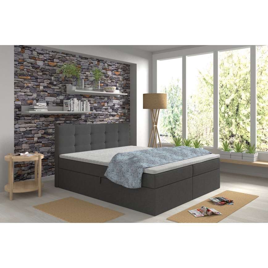 EMBER Upholstered Bed 160x200 cm with Mattresses, Mattress Topper and Built-in Storage — Anthracite