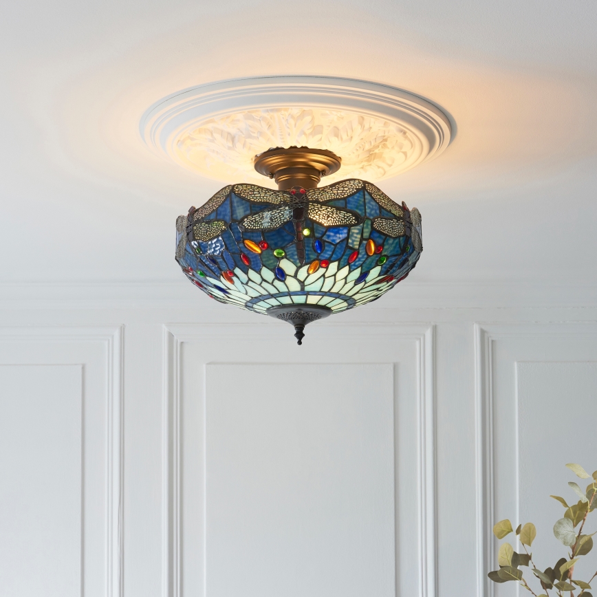 Endon 111897 - Flush-mount Tiffany DRAGONFLY chandelier 3xE27/10W/230V Ø 41 cm