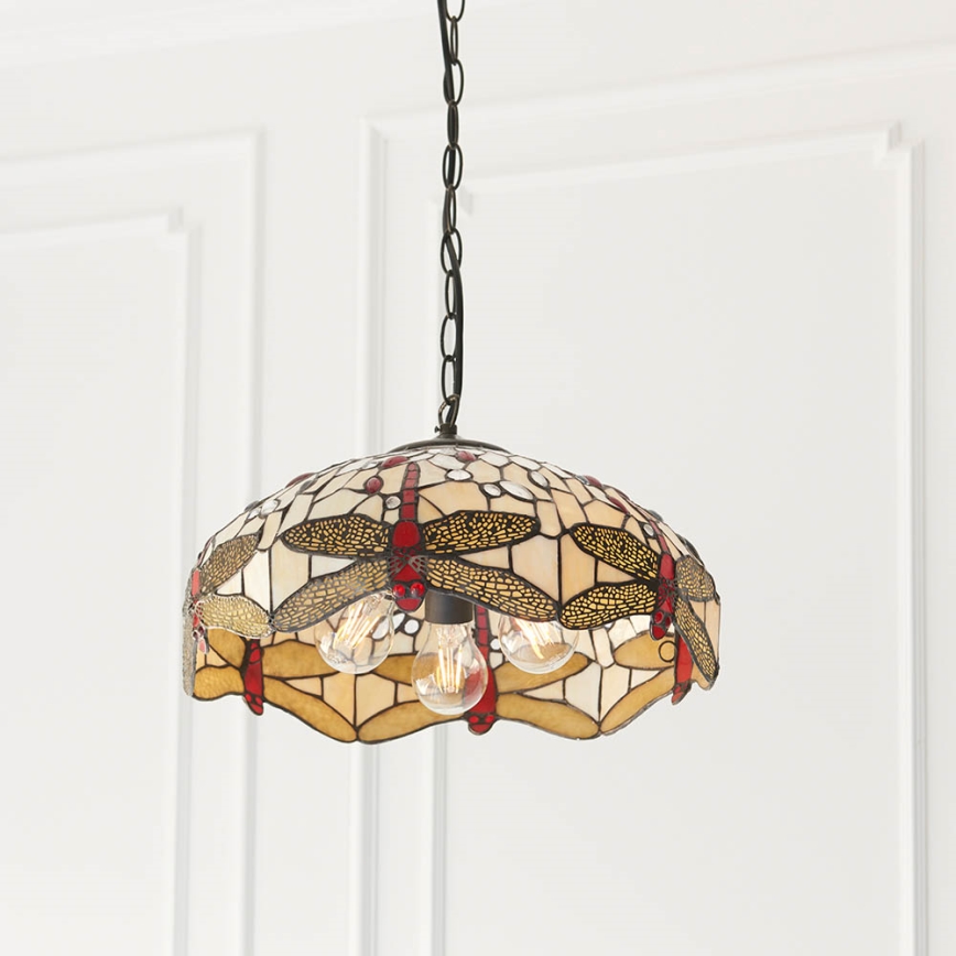 Endon 70824 - Chain-hung Tiffany DRAGONFLY chandelier, 3 x E27 / 60W / 230V, dia. 41 cm