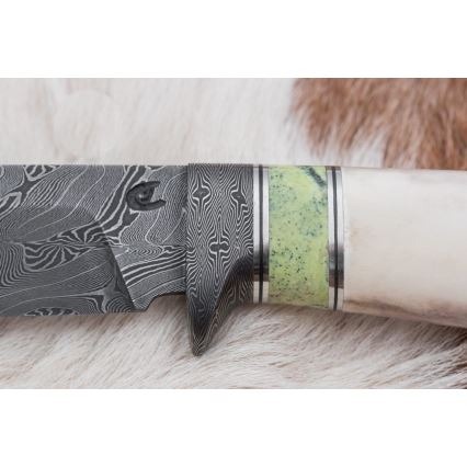 Exclusive Damascus knife 13 cm serpentinite/reindeer antler