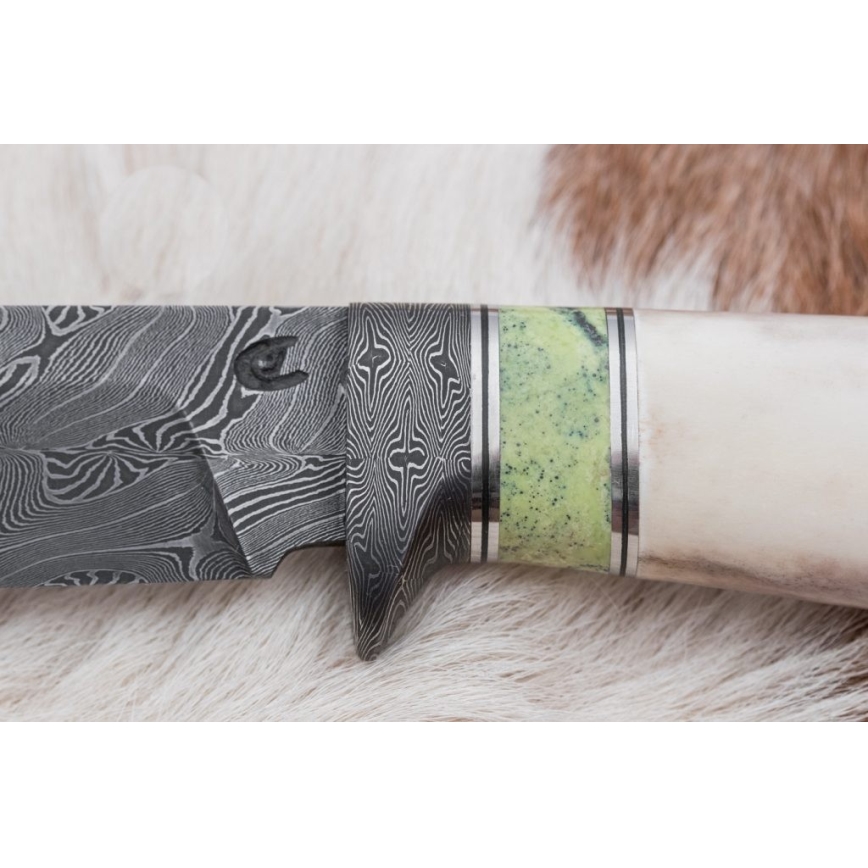 Exclusive Damascus knife 13 cm serpentinite/reindeer antler