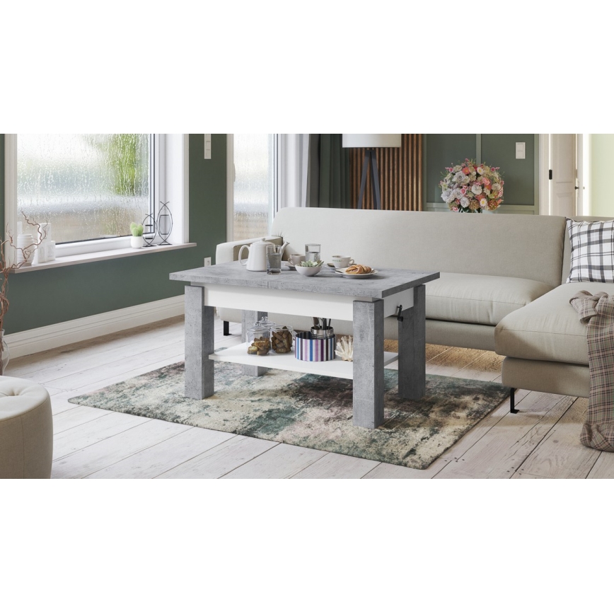 Extendable coffee/dining table with shelf ADONIS concrete grey/white