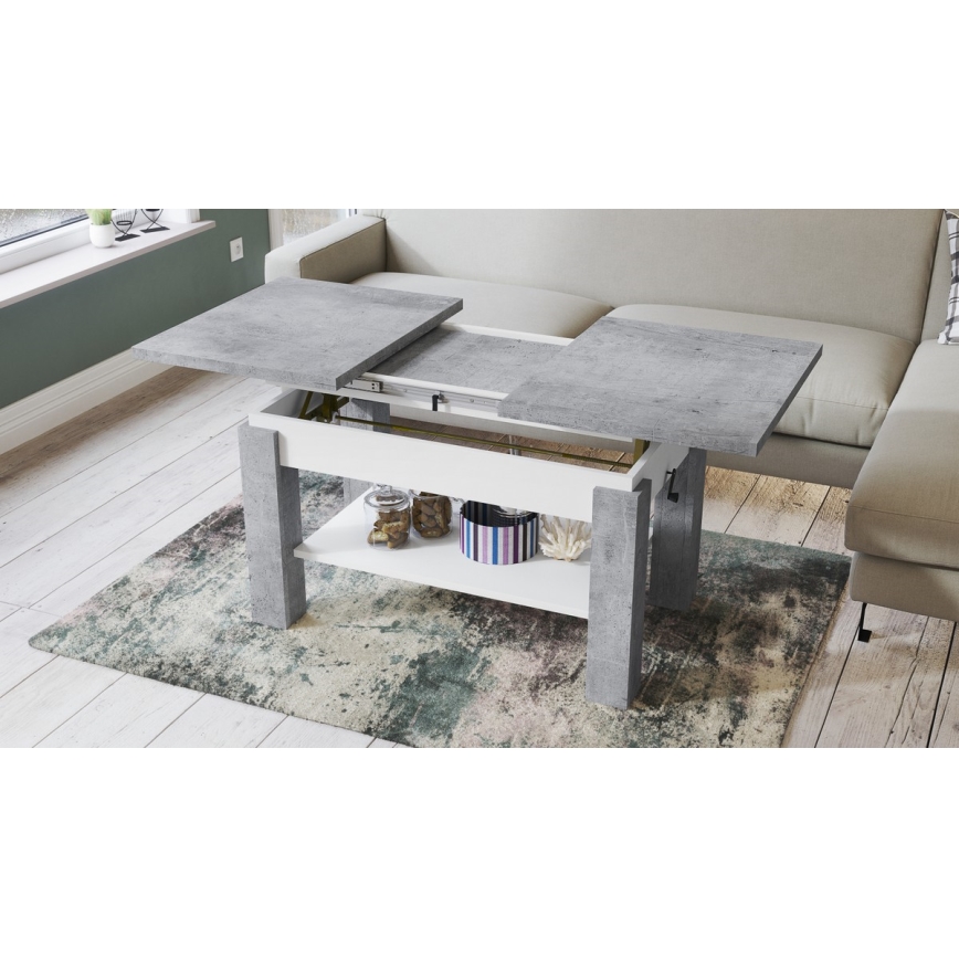 Extendable coffee/dining table with shelf ADONIS concrete grey/white