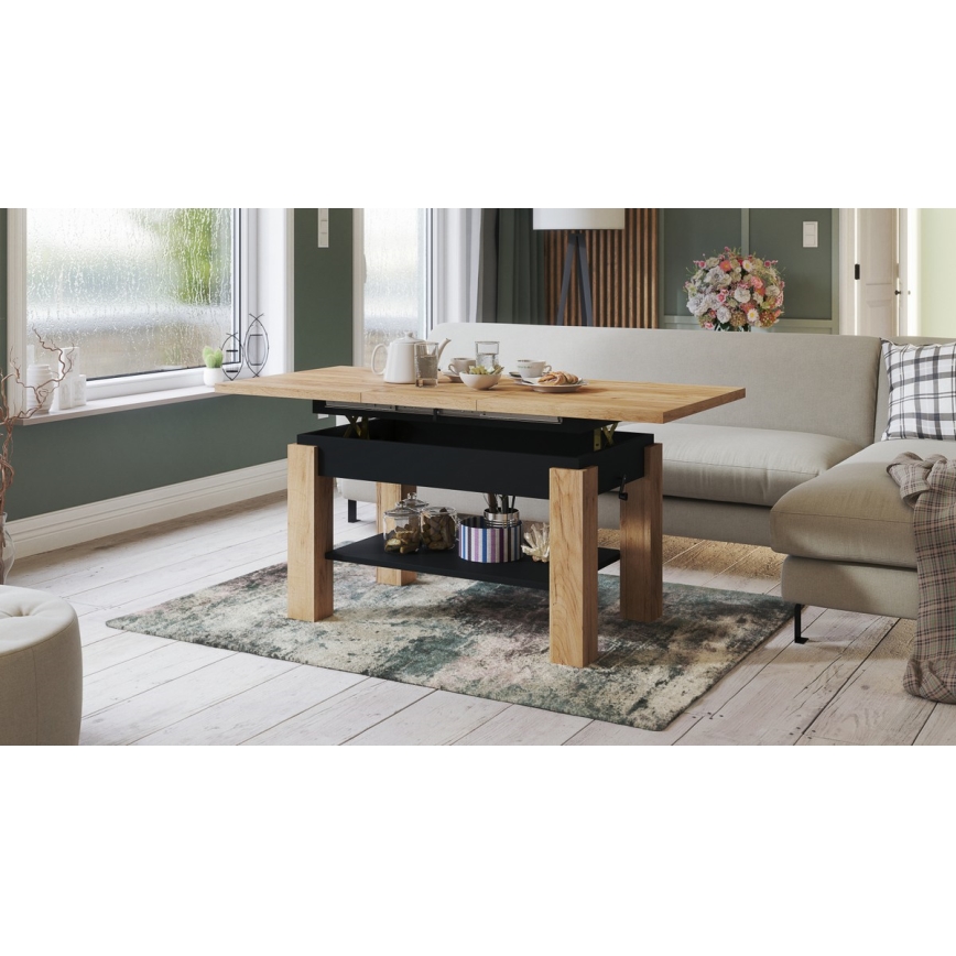 Extendable Coffee/Dining Table with Shelf ADONIS Craft Oak/Black