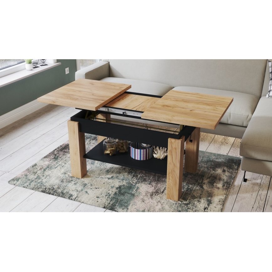 Extendable Coffee/Dining Table with Shelf ADONIS Craft Oak/Black