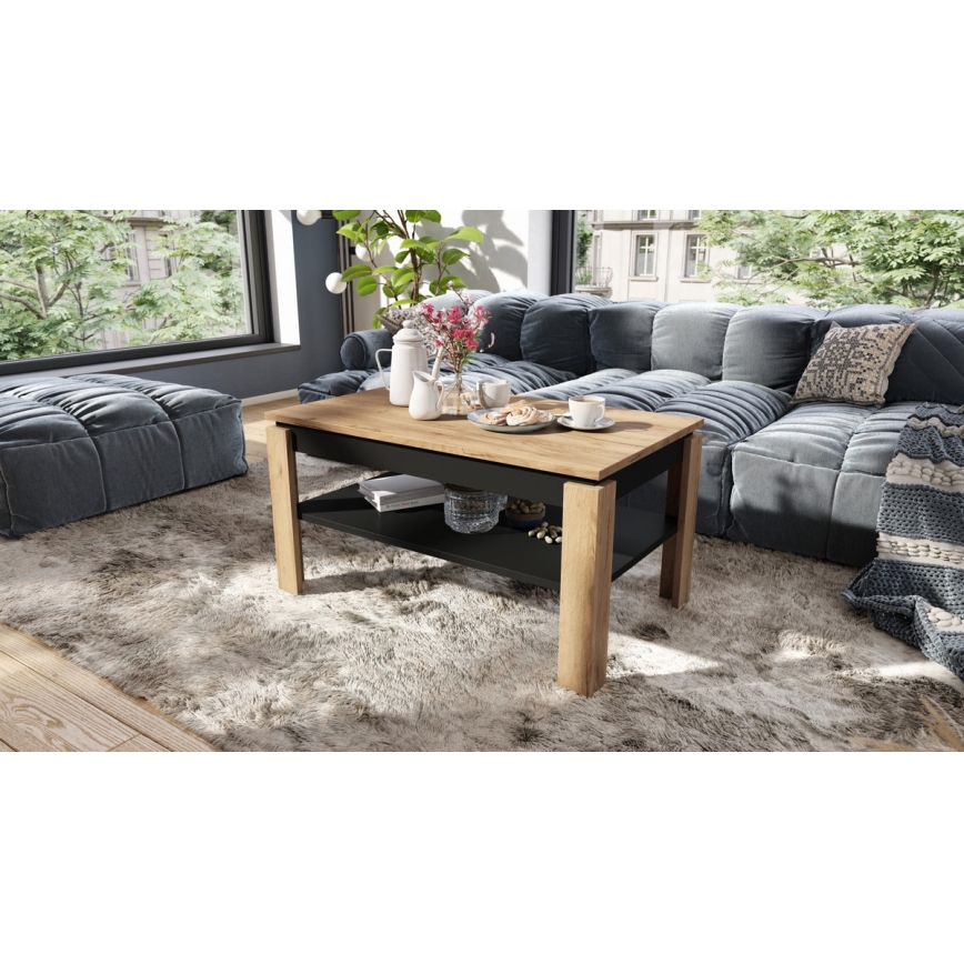 Extendable coffee table with lift-top and shelf ADEN craft oak/black