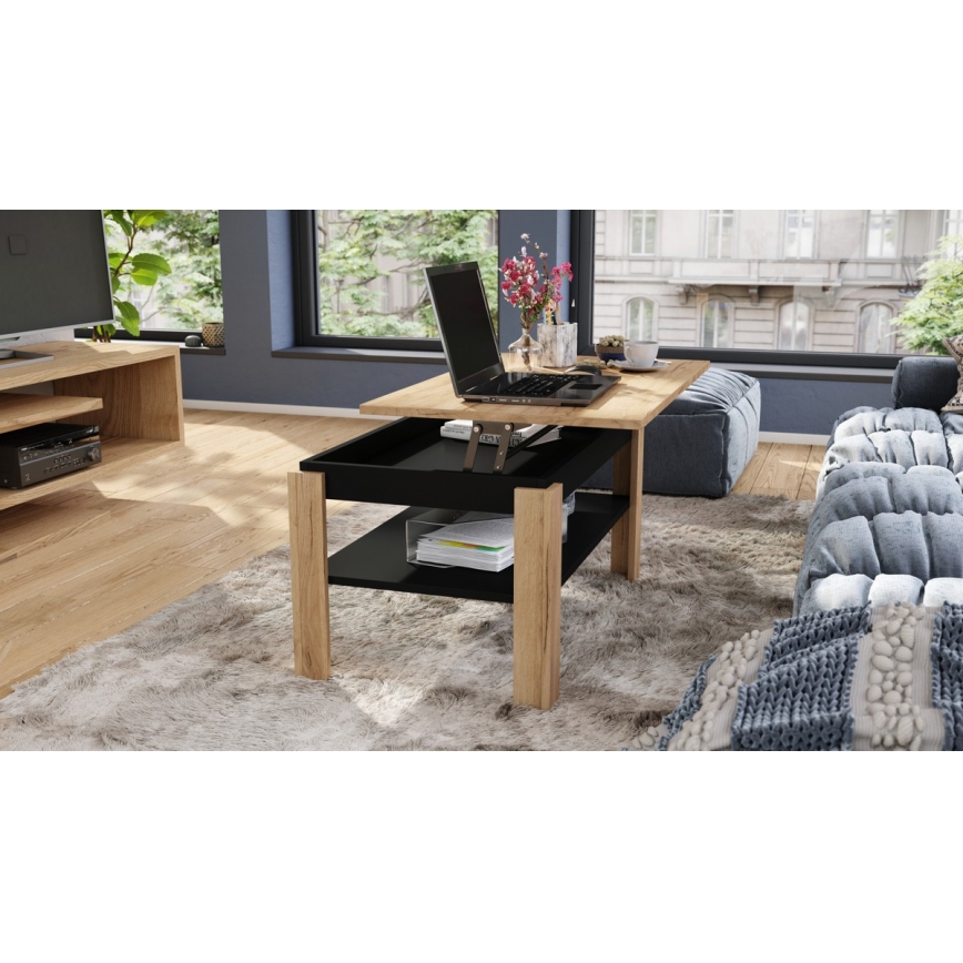 Extendable coffee table with lift-top and shelf ADEN craft oak/black