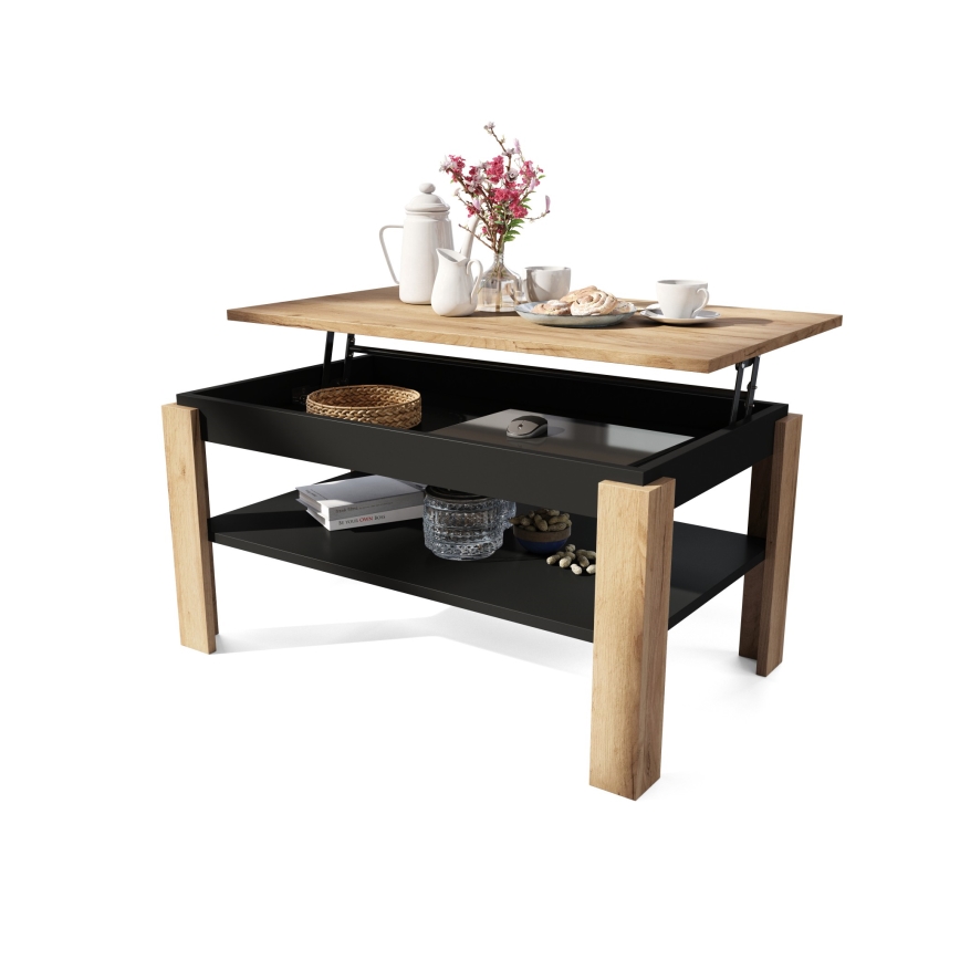 Extendable coffee table with lift-top and shelf ADEN craft oak/black