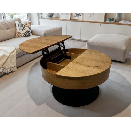 Extendable coffee table with lift-top PURE, Ø 80 cm, oak/black