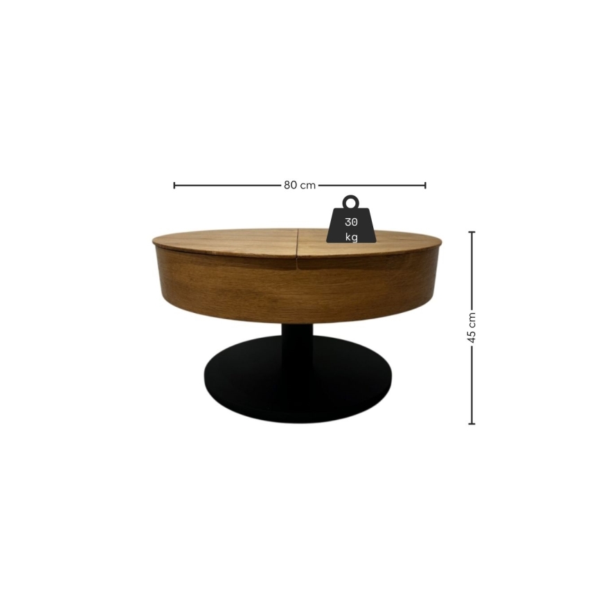 Extendable coffee table with lift-top PURE, Ø 80 cm, oak/black