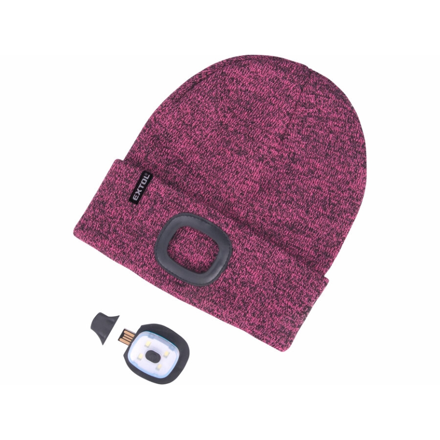 Extol - Beanie with built-in headlamp, USB-rechargeable 300 mAh battery, purple, one size (UNI)