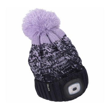 Extol - Beanie with integrated headlamp and USB-rechargeable 300 mAh battery, blue/purple with pom-pom, one size