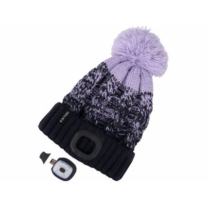 Extol - Beanie with integrated headlamp and USB-rechargeable 300 mAh battery, blue/purple with pom-pom, one size