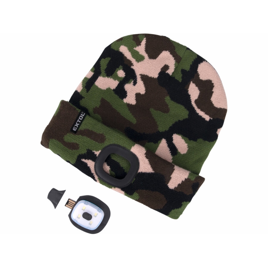 Extol - Beanie with USB-rechargeable Headlamp (300 mAh), Camouflage, One Size
