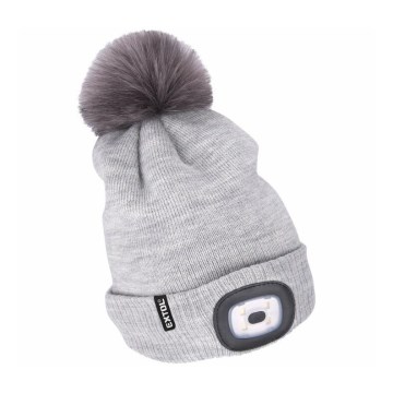 Extol - Beanie with USB-Rechargeable Headlamp, 300 mAh, Gray with Pom-Pom, One Size (UNI)