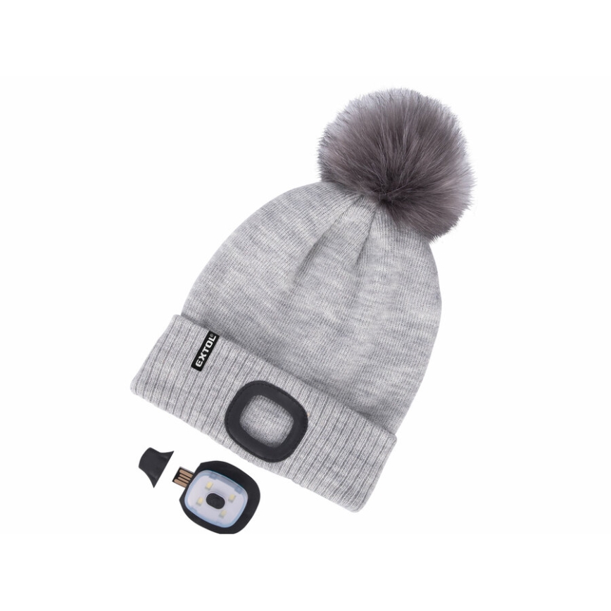 Extol - Beanie with USB-Rechargeable Headlamp, 300 mAh, Gray with Pom-Pom, One Size (UNI)