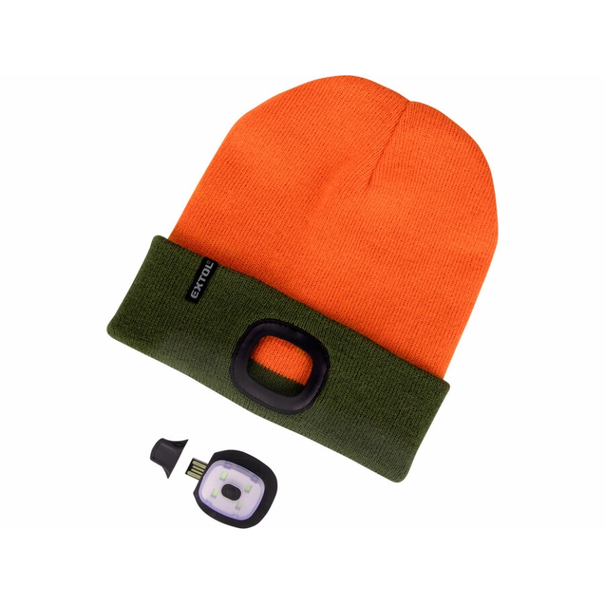 Extol - Beanie with Integrated USB-Rechargeable LED Headlamp (300 mAh), Neon Orange/Green, One Size (UNI)