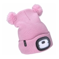 Extol - Children's beanie with built-in USB-rechargeable 250 mAh LED headlamp, pink with pom-poms