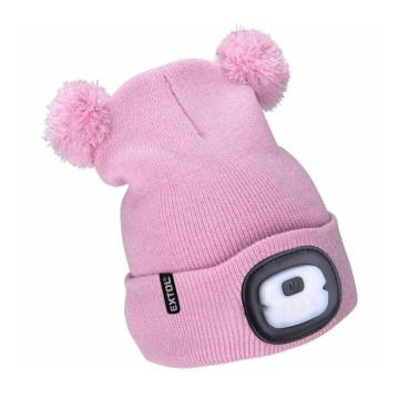 Extol - Children's beanie with built-in USB-rechargeable 250 mAh LED headlamp, pink with pom-poms