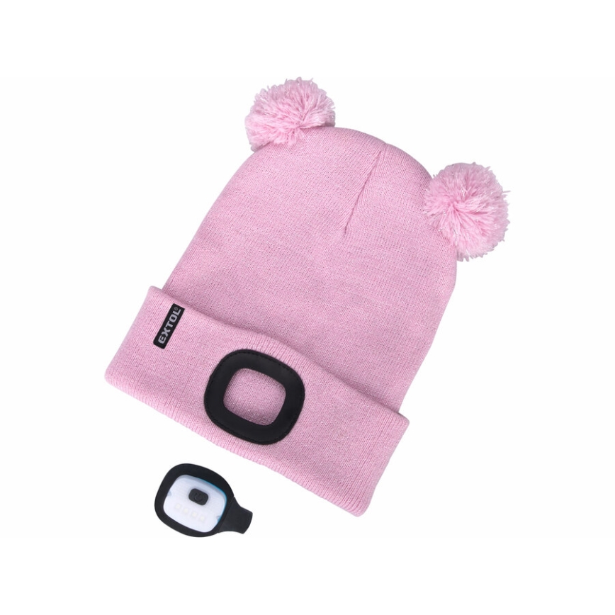 Extol - Children's beanie with built-in USB-rechargeable 250 mAh LED headlamp, pink with pom-poms