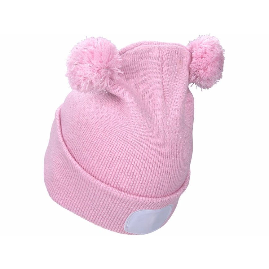 Extol - Children's beanie with built-in USB-rechargeable 250 mAh LED headlamp, pink with pom-poms