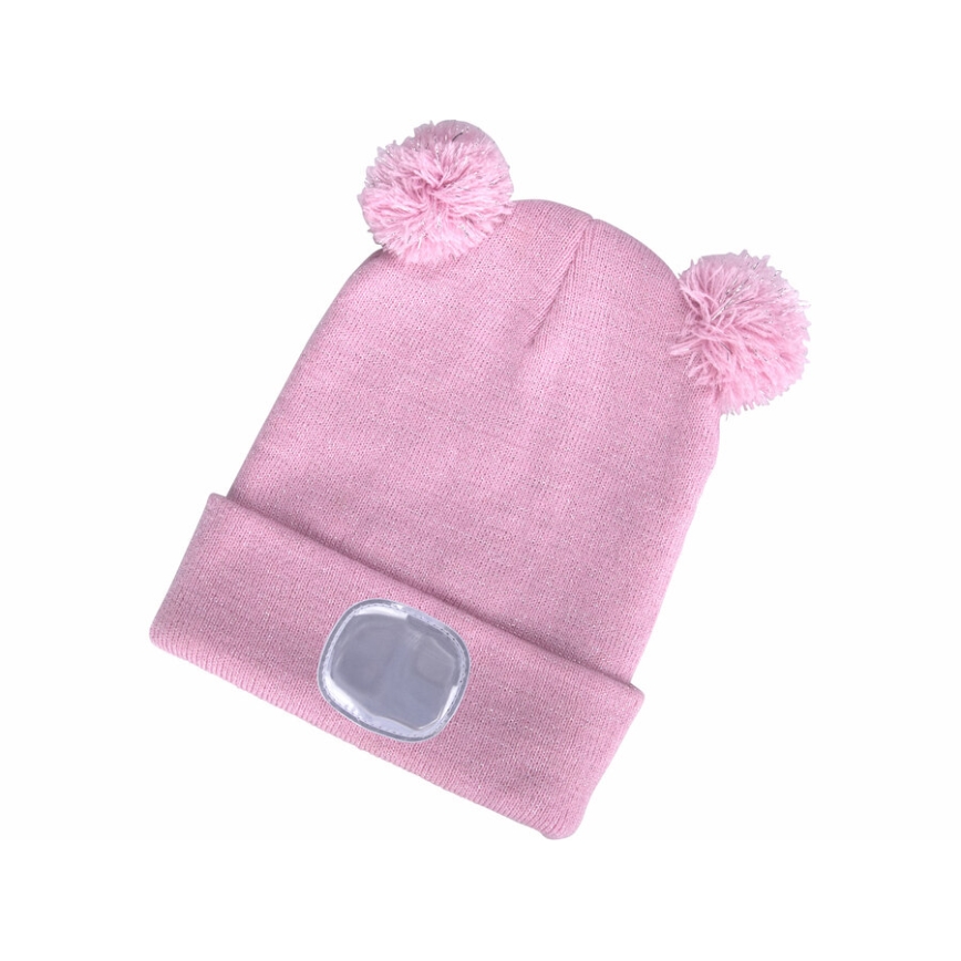 Extol - Children's beanie with built-in USB-rechargeable 250 mAh LED headlamp, pink with pom-poms