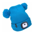 Extol - Kids' beanie with headlamp, USB-rechargeable 250 mAh, blue with pom-poms
