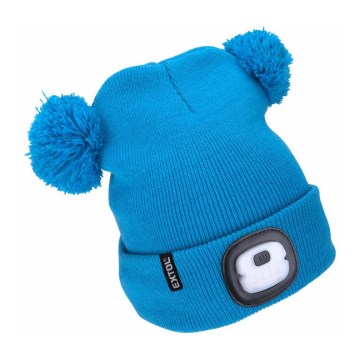Extol - Kids' beanie with headlamp, USB-rechargeable 250 mAh, blue with pom-poms
