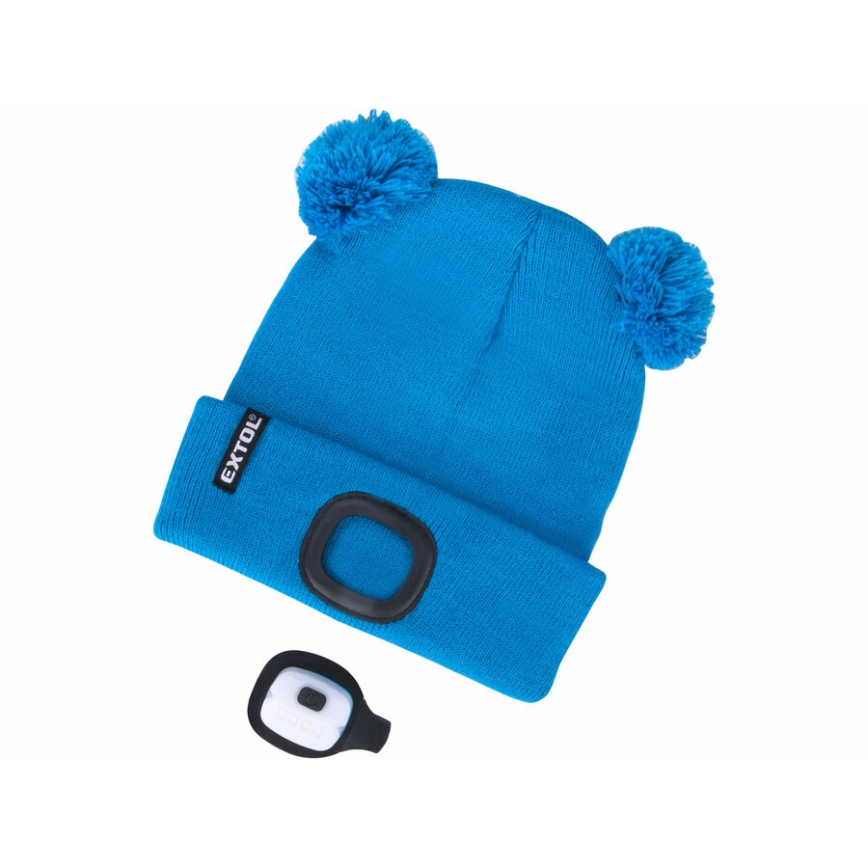 Extol - Kids' beanie with headlamp, USB-rechargeable 250 mAh, blue with pom-poms