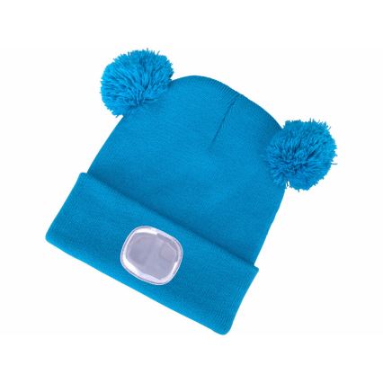 Extol - Kids' beanie with headlamp, USB-rechargeable 250 mAh, blue with pom-poms