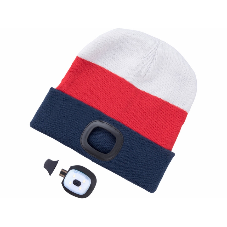 Extol - USB-rechargeable Beanie with Headlamp, 300 mAh, white/red/blue, one size