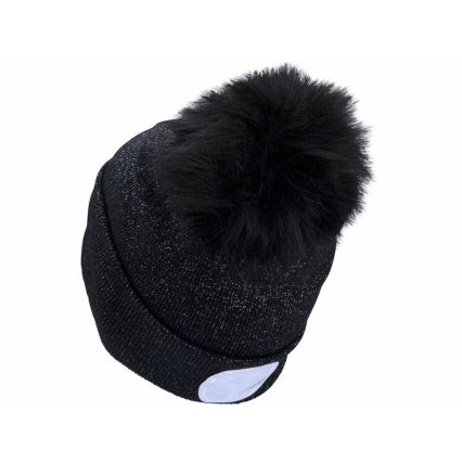 Extol - USB-Rechargeable Headlamp Beanie, 300 mAh, Black with Pom-Pom, One Size