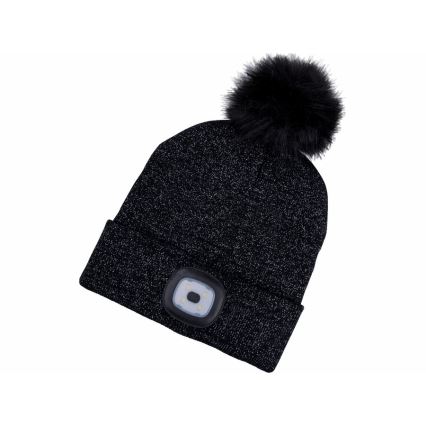 Extol - USB-Rechargeable Headlamp Beanie, 300 mAh, Black with Pom-Pom, One Size